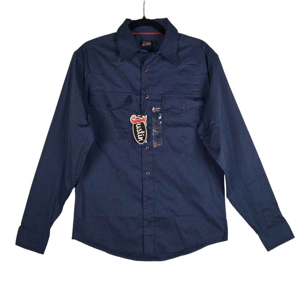 Justin Tech Shirt Mens S Navy Oyster Diamond Long Sleeve Stretch Western Work